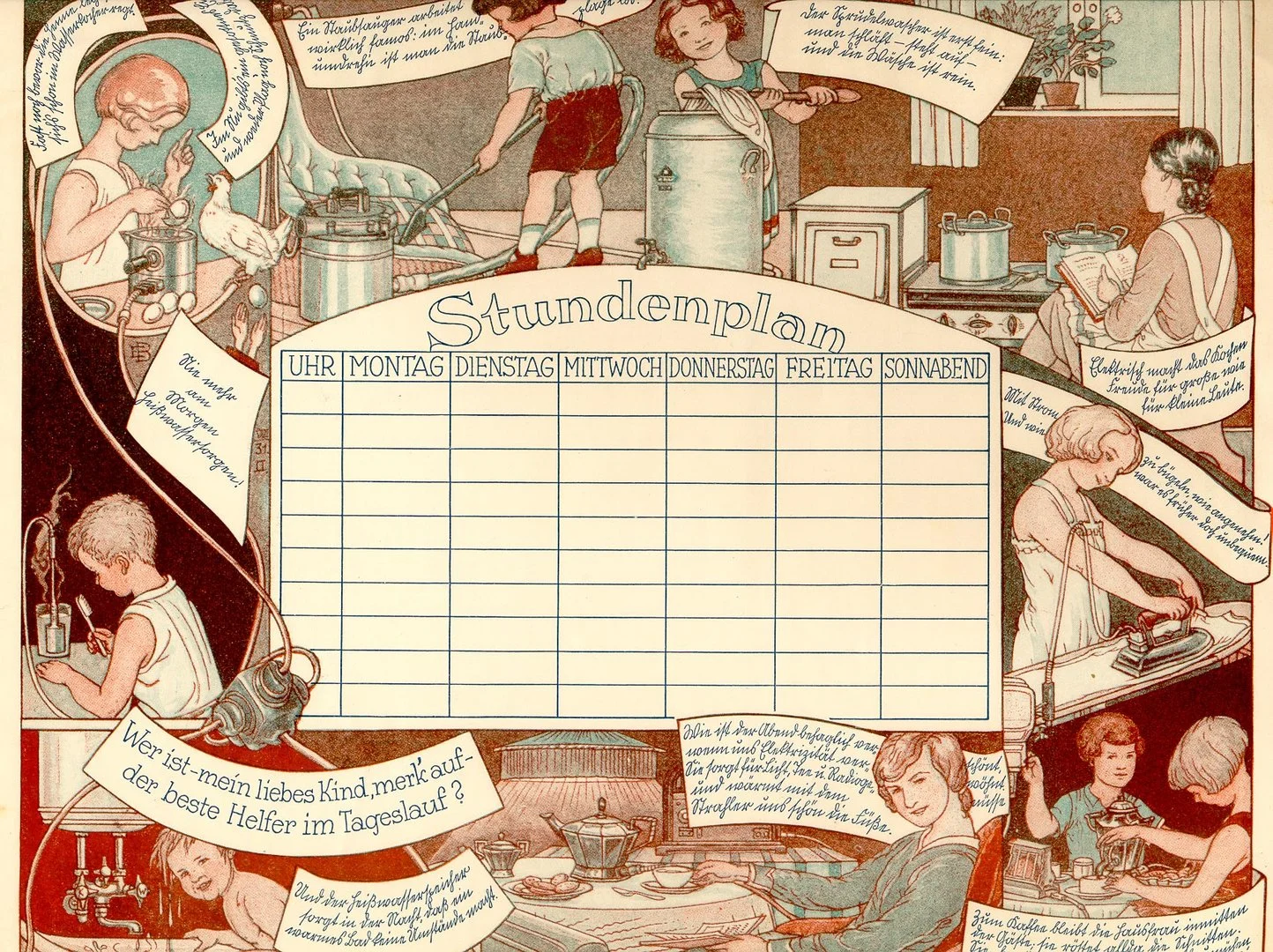 Stundenplan mit Abbildungen zur Anwendung des elektrischen Stroms, um 1933 © DHM Stundenplan mit Abbildungen zur Anwendung des elektrischen Stroms, um 1933 © DHM