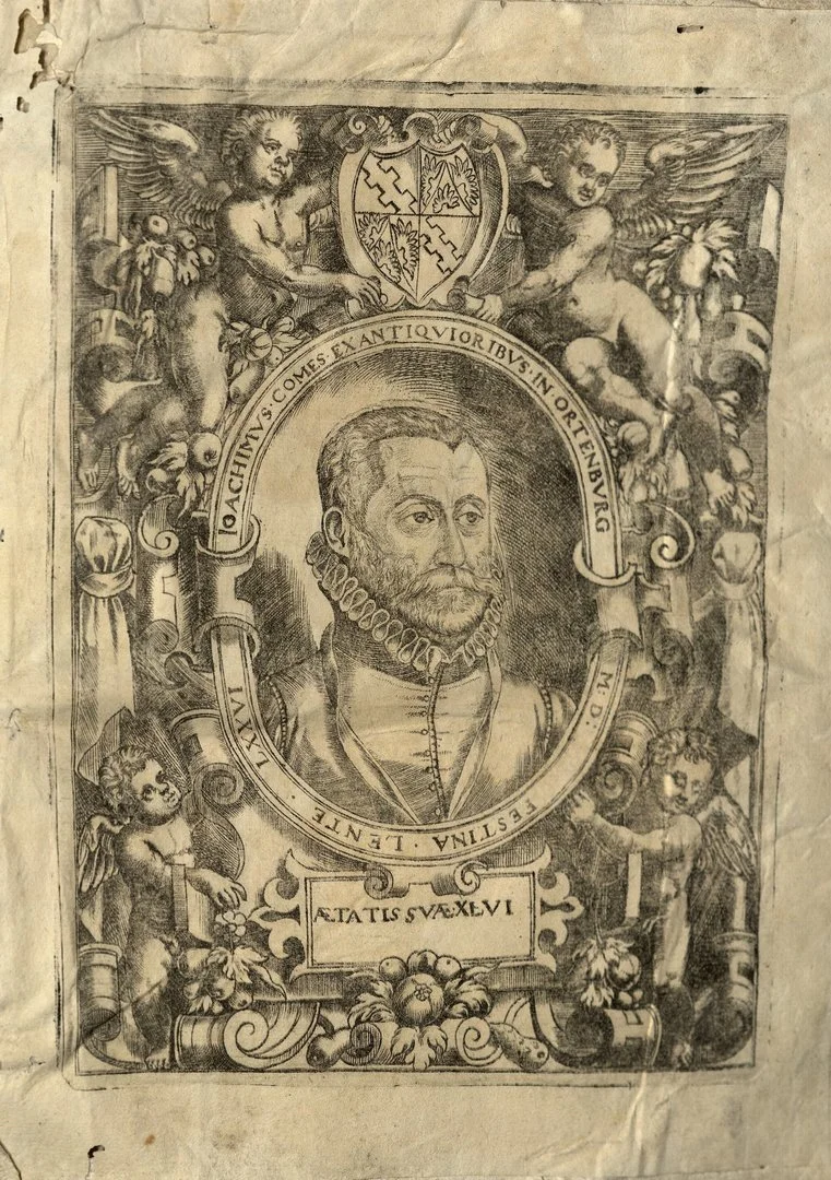 Auf dem Bild ist ein Kupferstich des Porträts von Joachim von Ortenburg zu sehen.