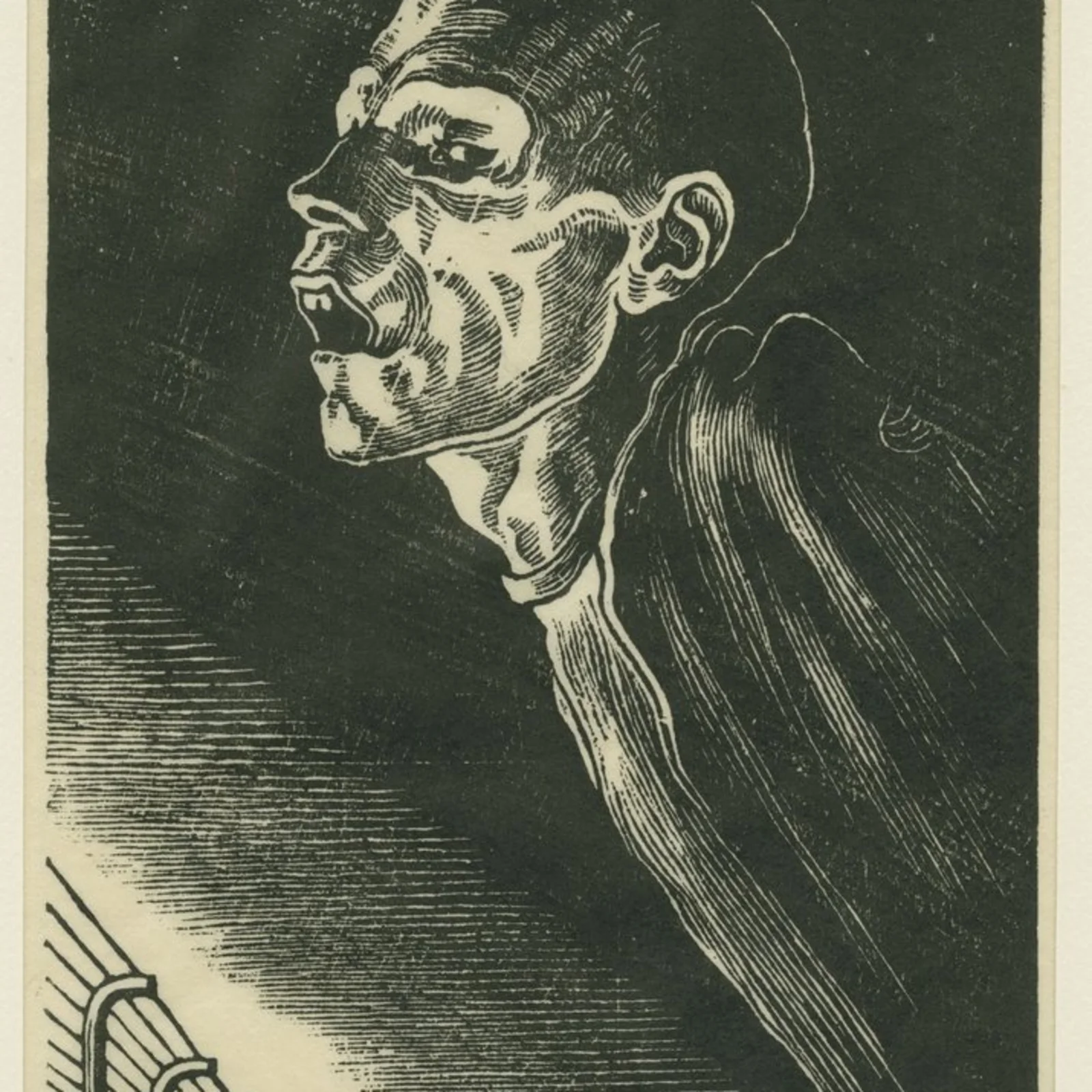 The image depicts a print showing, in portrait format, an emaciated prisoner who, with his mouth slightly open and his eyes half-closed, hovers ghostlike and larger than life above a concentration camp fence with a watchtower.