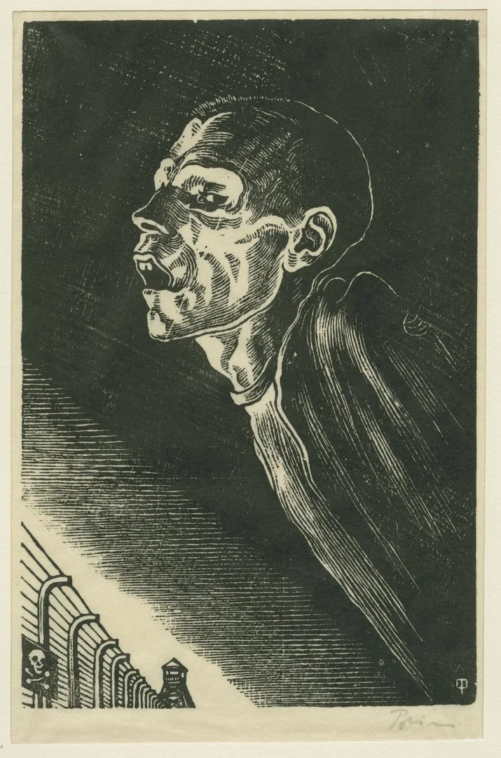 The image depicts a print showing, in portrait format, an emaciated prisoner who, with his mouth slightly open and his eyes half-closed, hovers ghostlike and larger than life above a concentration camp fence with a watchtower.