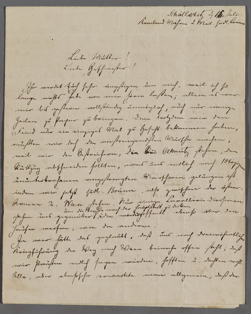 A field post letter from Private Fritz Baedeker, written from his quarters in Schöllschitz to his mother and siblings, recounting his experiences in the Battle of Königgrätz