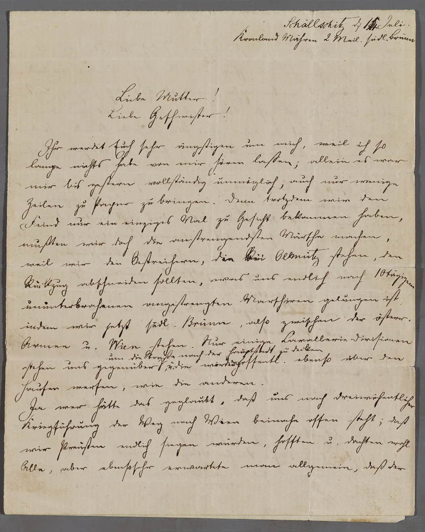 A field post letter from Private Fritz Baedeker, written from his quarters in Schöllschitz to his mother and siblings, recounting his experiences in the Battle of Königgrätz