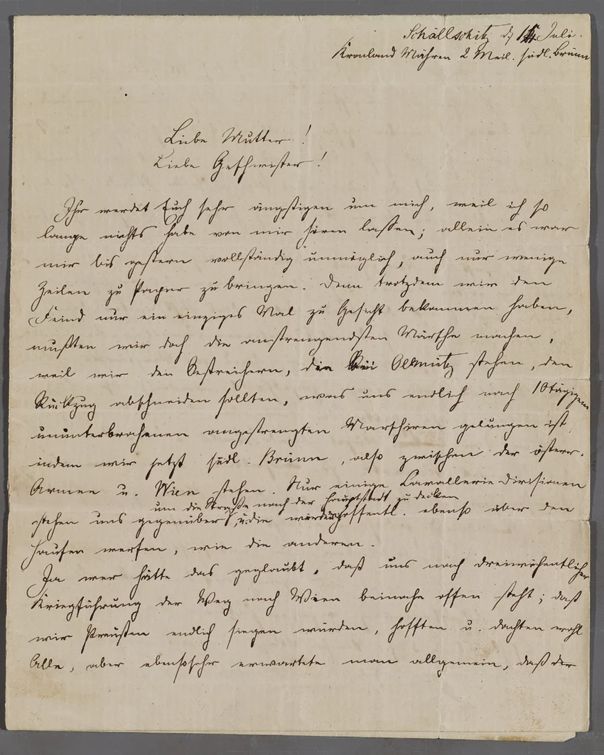 A field post letter from Private Fritz Baedeker, written from his quarters in Schöllschitz to his mother and siblings, recounting his experiences in the Battle of Königgrätz