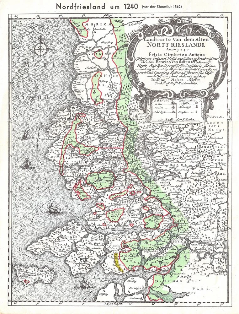 Reconstructed coastline of North Frisia before the Marcellus Flood of 1362. The red line shows the present coastline that was formed for the most part after this flood.