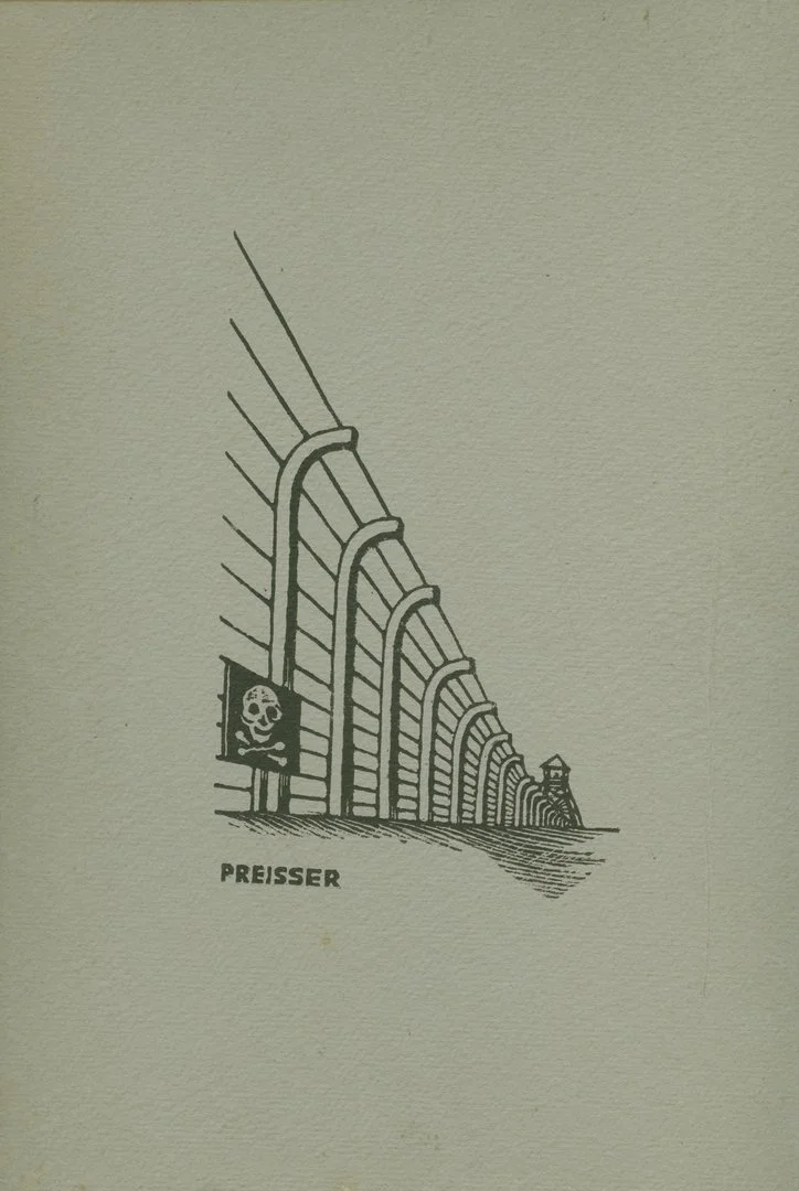The cover of a folder. It shows a view of a concentration camp fence that appears to stretch off into the distance