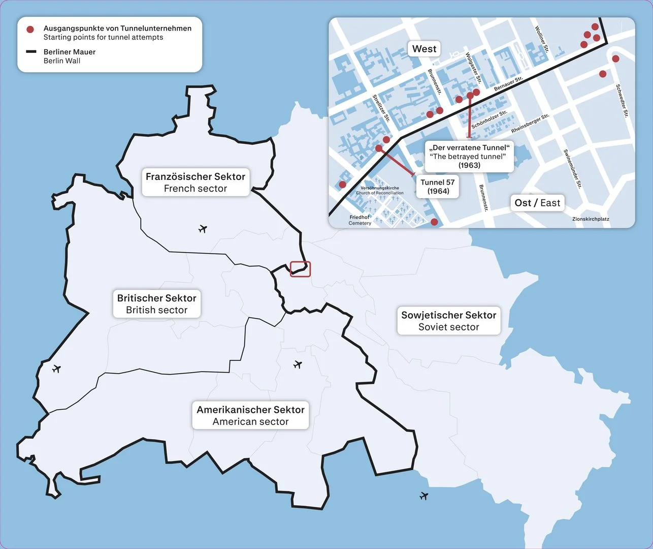 Karte des geteilten Berlins mit Sektorengrenzen und Detailaufnahme des Bereichs um die Bernauer Straße