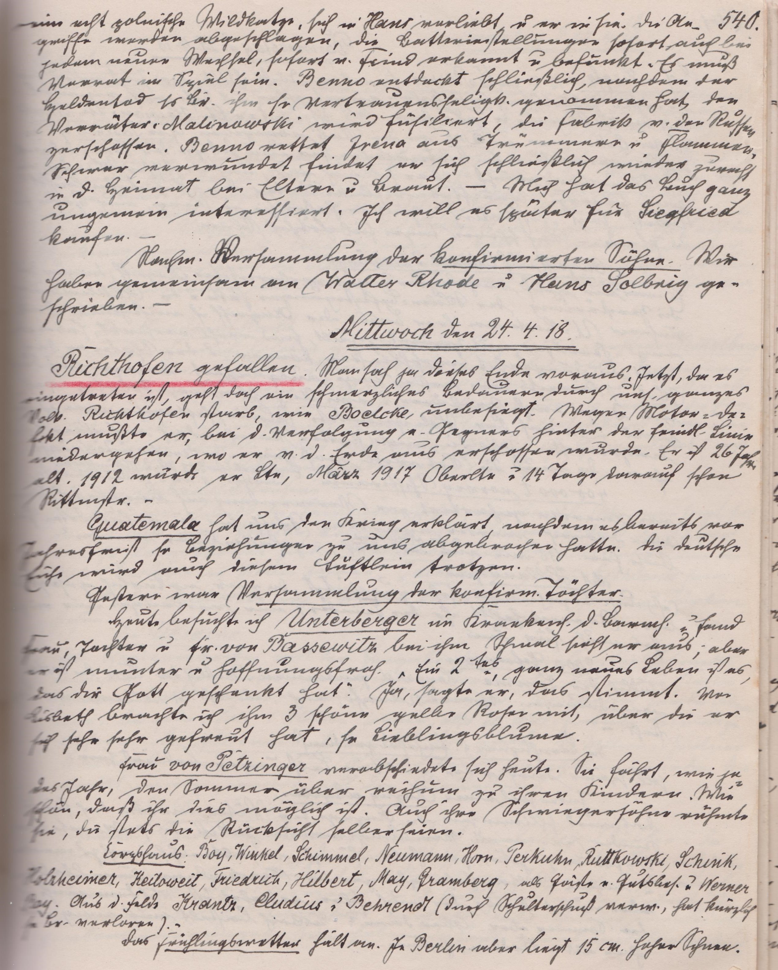 Seite aus dem Original-Tagebuch, 1918