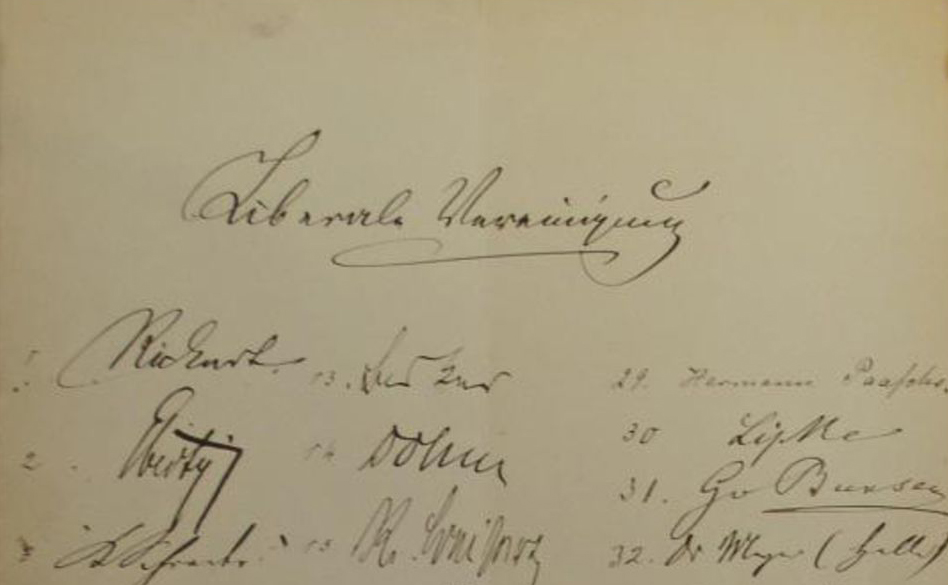 Unterschriftenlisten mit den Namen von Mitgliedern der Liberalen Vereinigung, um 1881