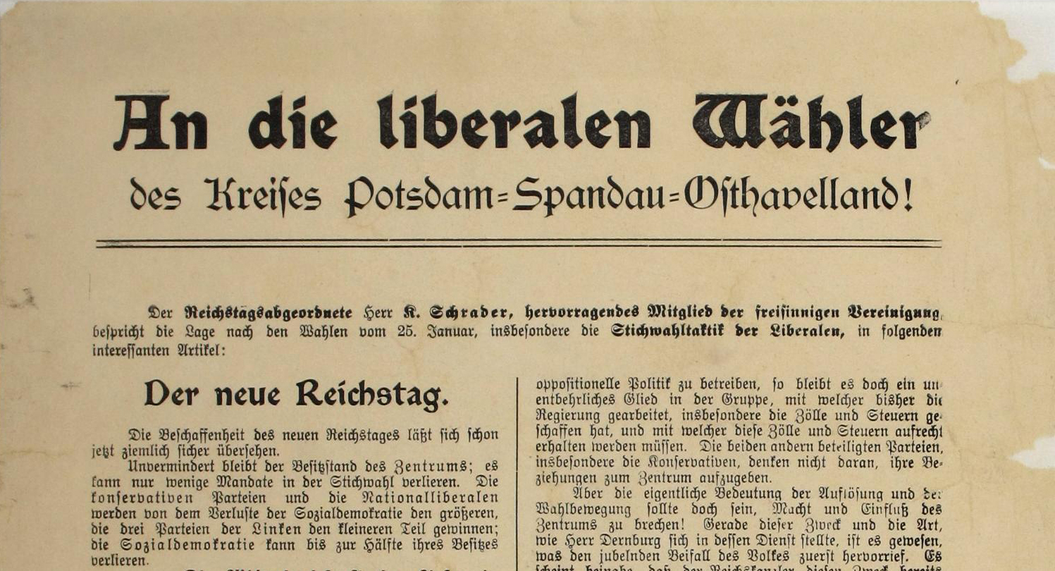 Flugblatt von Karl Schrader zur Reichstagswahl im Januar 1907