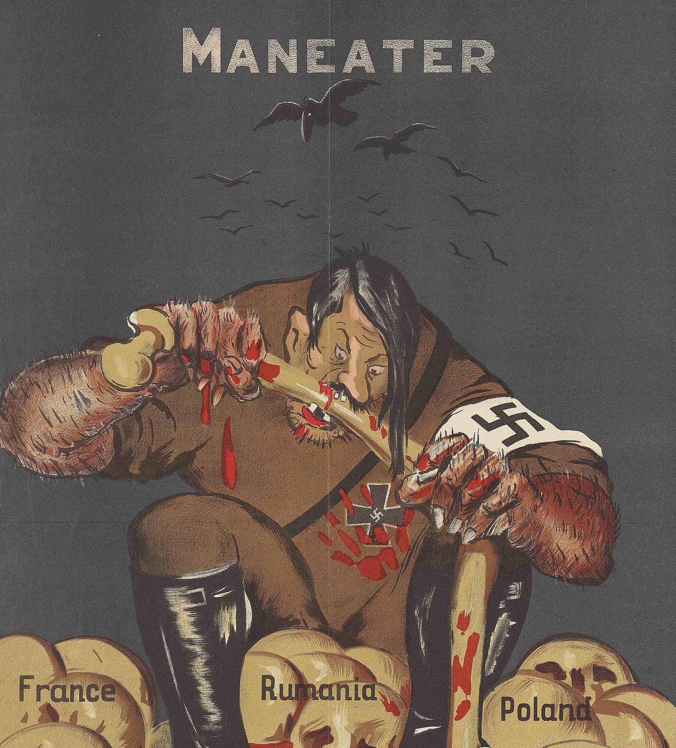Englisches Plakat aus dem Zweiten Weltkrieg mit einer Karikatur von Hitler als menschenfressende Bestie auf Totenschädeln in einem Meer von Blut, 1941