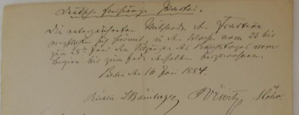 Verpflichtungserklärung vom Mitgliedern der Deutsch-Freisinnigen Partei zur Teilnahme an den Reichstagssitzungen vom 23. bis 28. Juni 1884