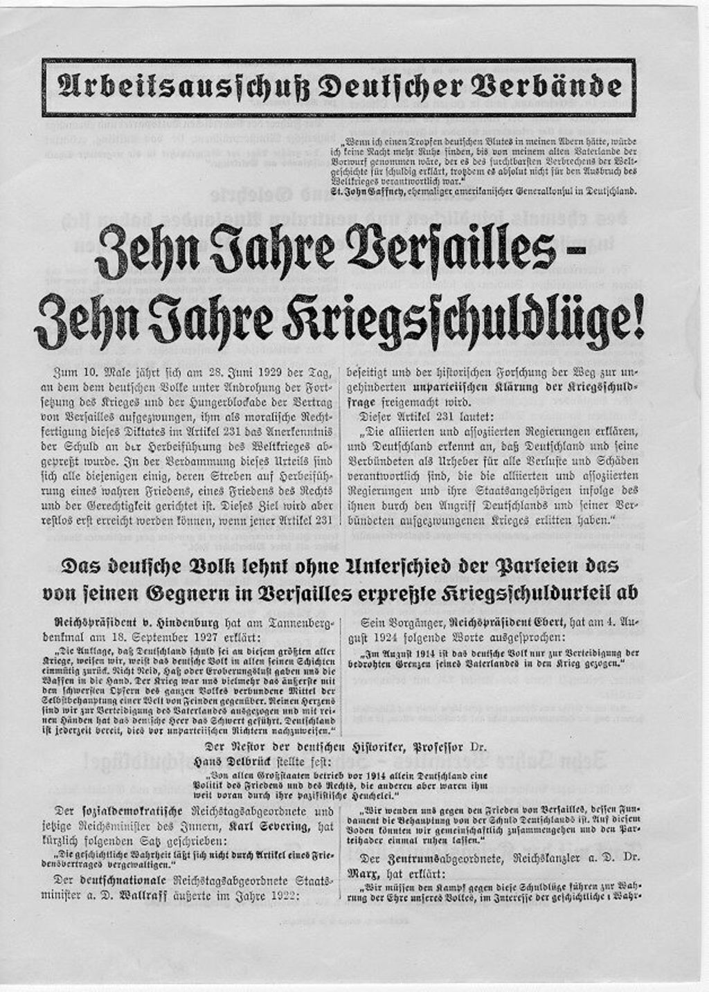 "Zehn Jahre Versailles - Zehn Jahre Kriegsschuldlüge" - Flugblatt des Arbeitsausschusses Deutscher Verbände, 1929