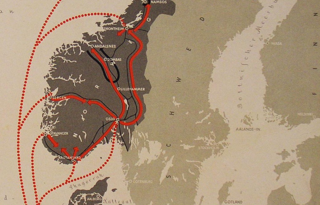 Schematische Karte für den Schulunterricht zur Besetzung von Dänemark und Norwegen, 1941