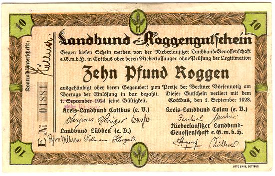 Wertbeständiger Notgeldschein über zehn Pfund Roggen, 1923