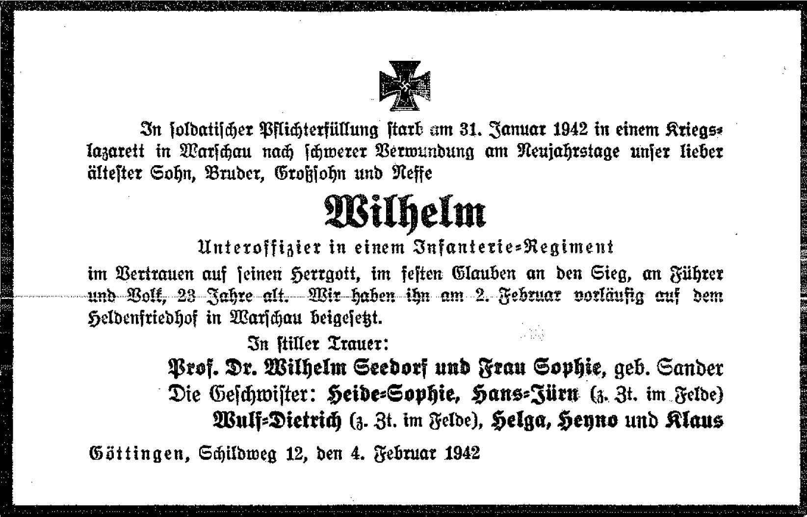 Todesanzeige von Wilhelm Seedorf, 1942
