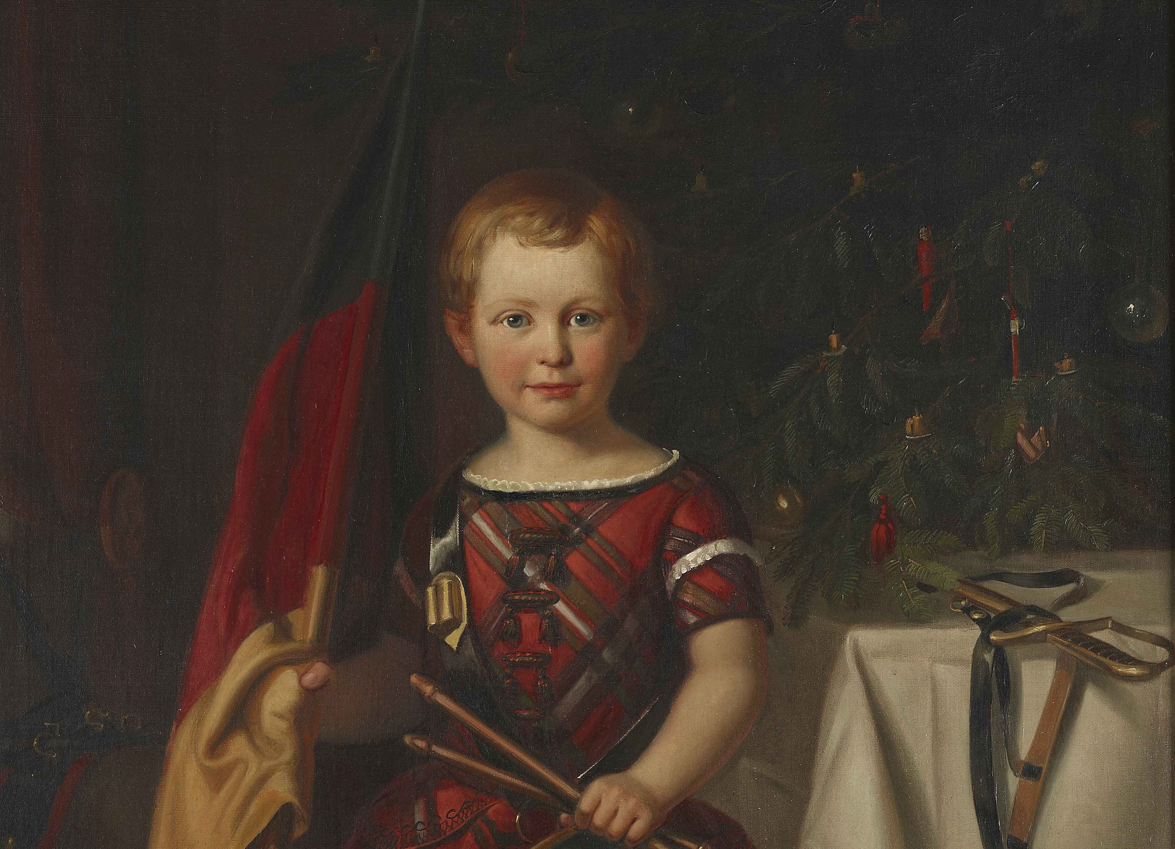 Kind mit deutscher Trikolore vor einem Weihnachtsbaum, 1852/1859