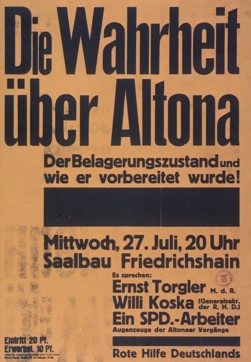 Plakat: Ankündigung eines Vortrages der Roten Hilfe Deutschlands über den "Altonaer Blutsonntag", 1932