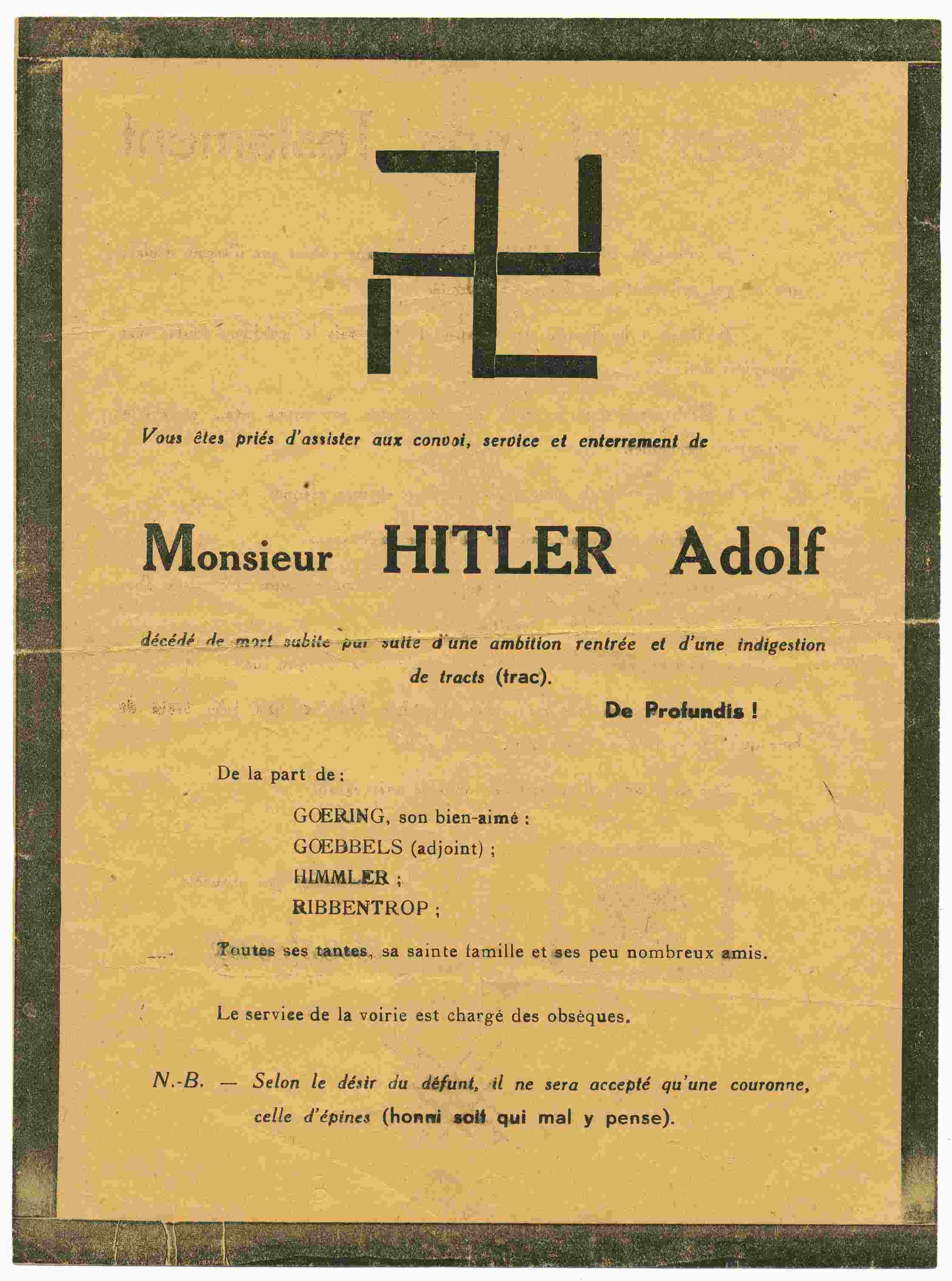 Flugblatt der Résistance im Layout einer Todesanzeige für Adolf Hitler, um 1944