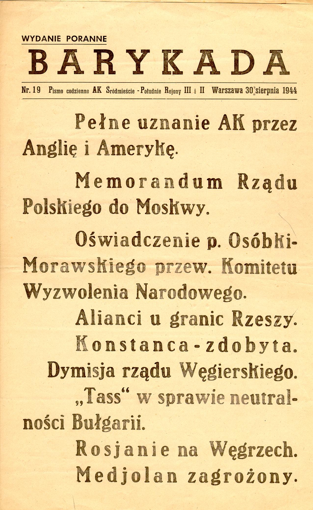 Morgenausgabe der Aufständischentageszeitung „Barykada“ vom 30. August 1944