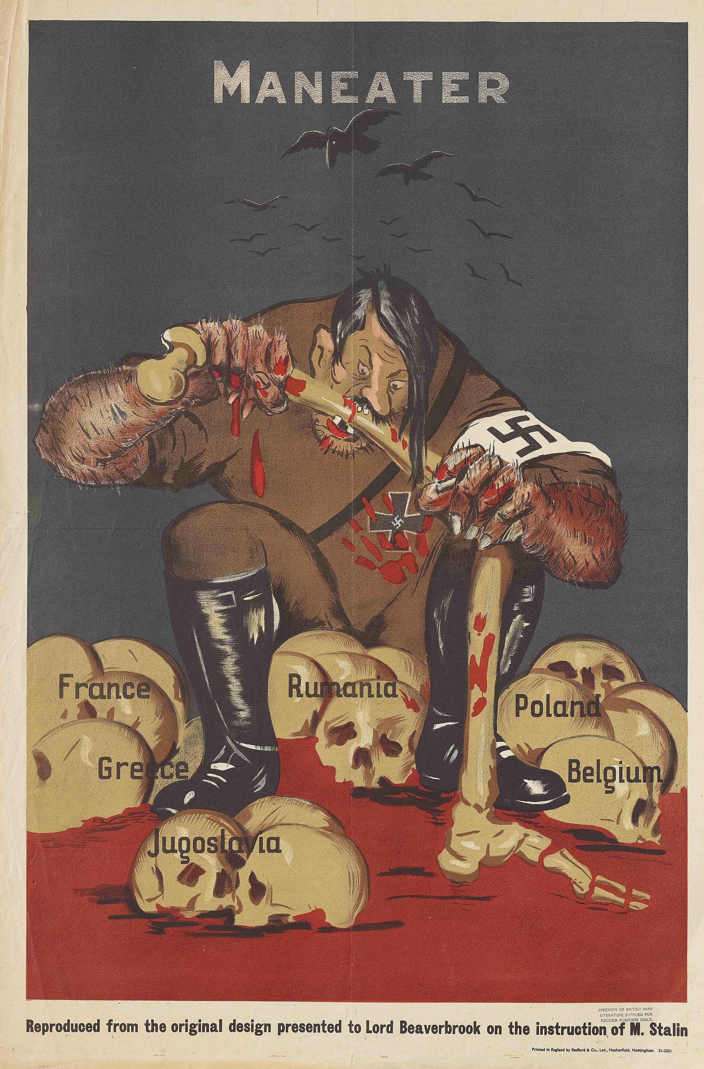 Englisches Plakat aus dem Zweiten Weltkrieg mit einer Karikatur von Hitler als menschenfressende Bestie auf Totenschädeln in einem Meer von Blut, 1941