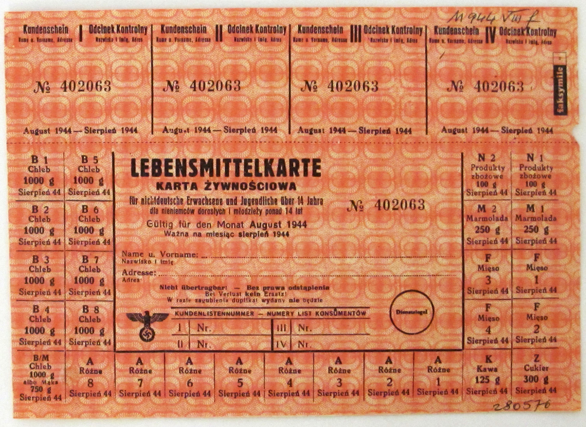 Lebensmittelkarte für "Nichtdeutsche" im besetzten Polen, 1944