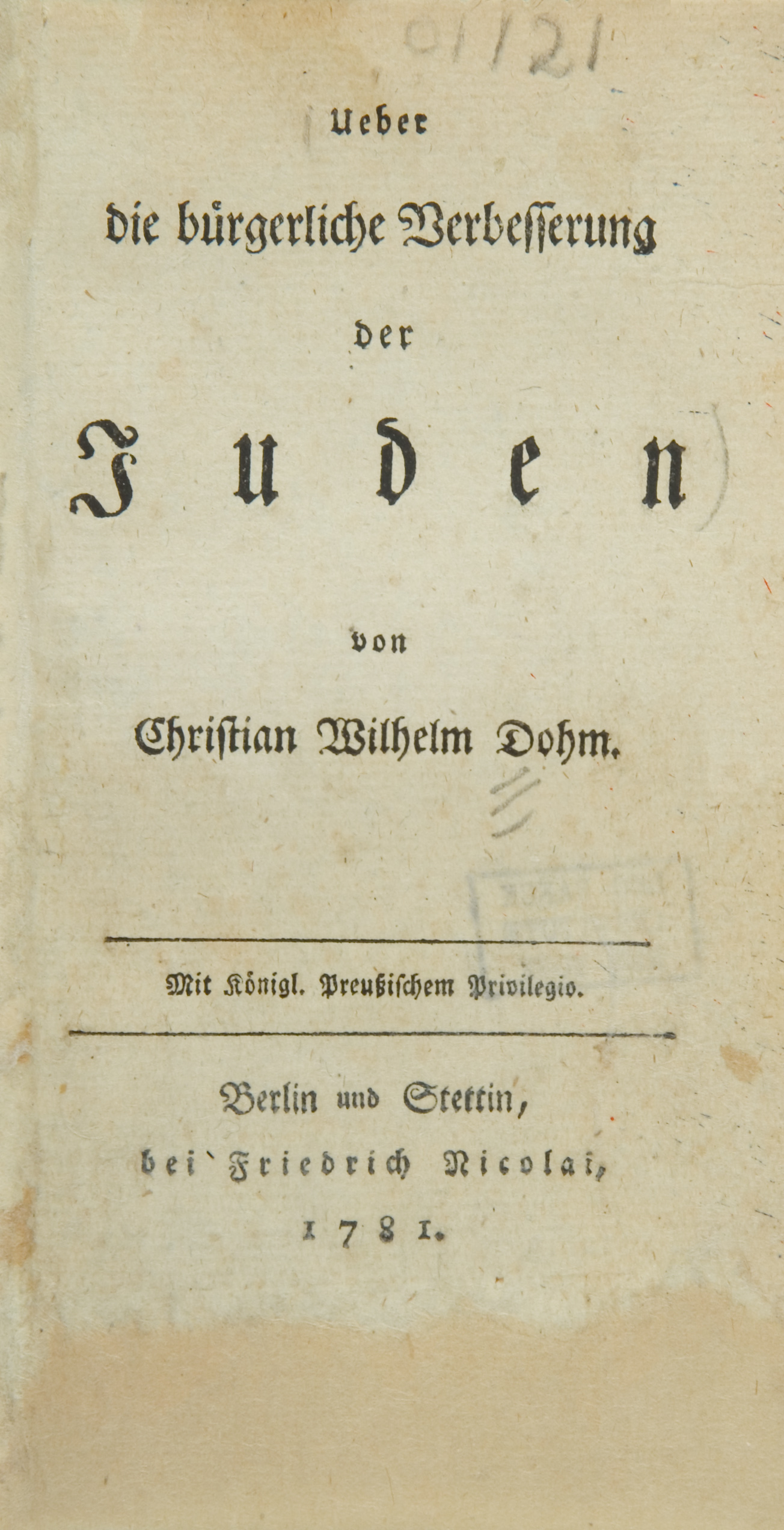 Titelblatt „Ueber die bürgerliche Verbesserung der Juden“, 1781