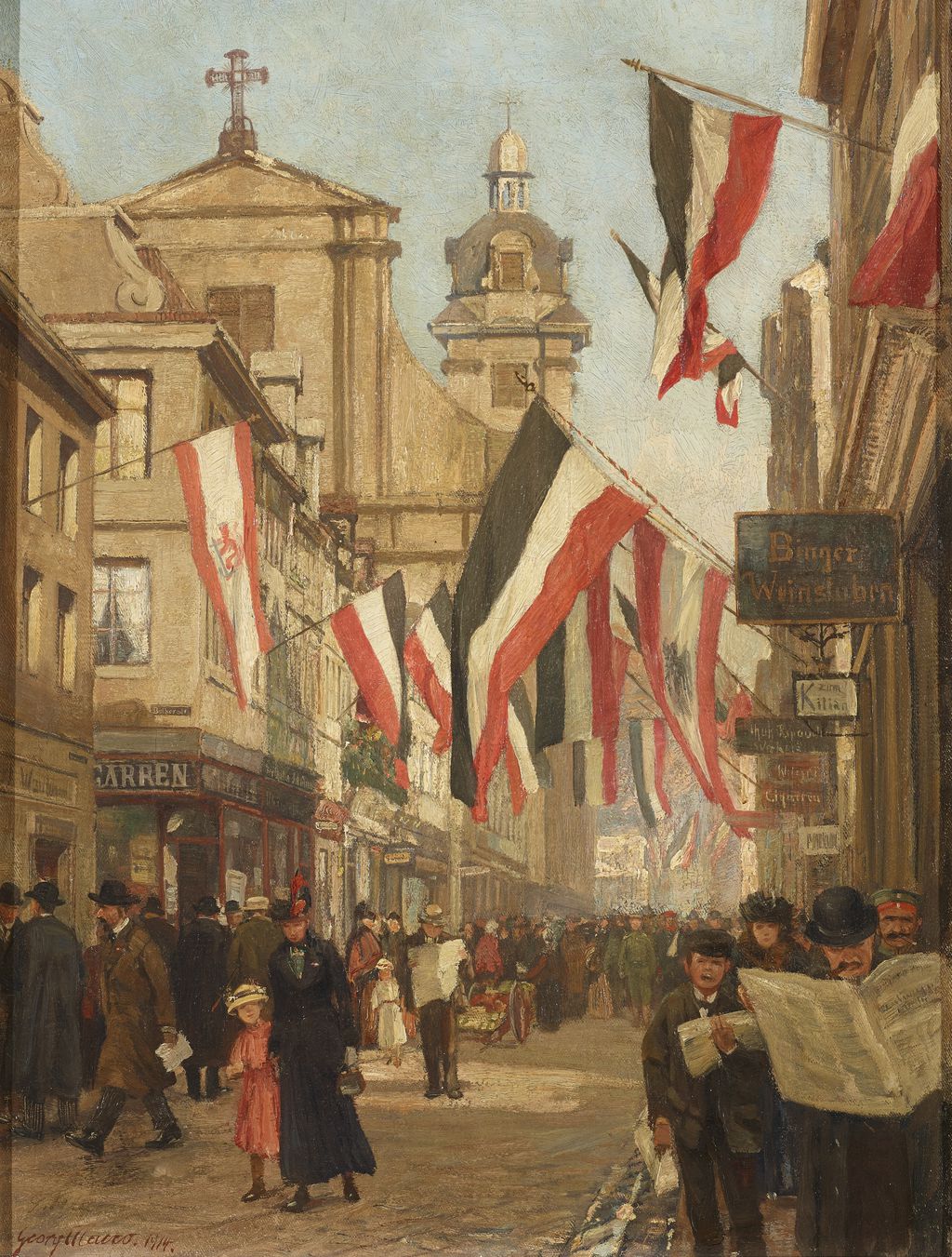 Gemälde: Georg Macco, "Siegesfahnen in Altdüsseldorf", 1914