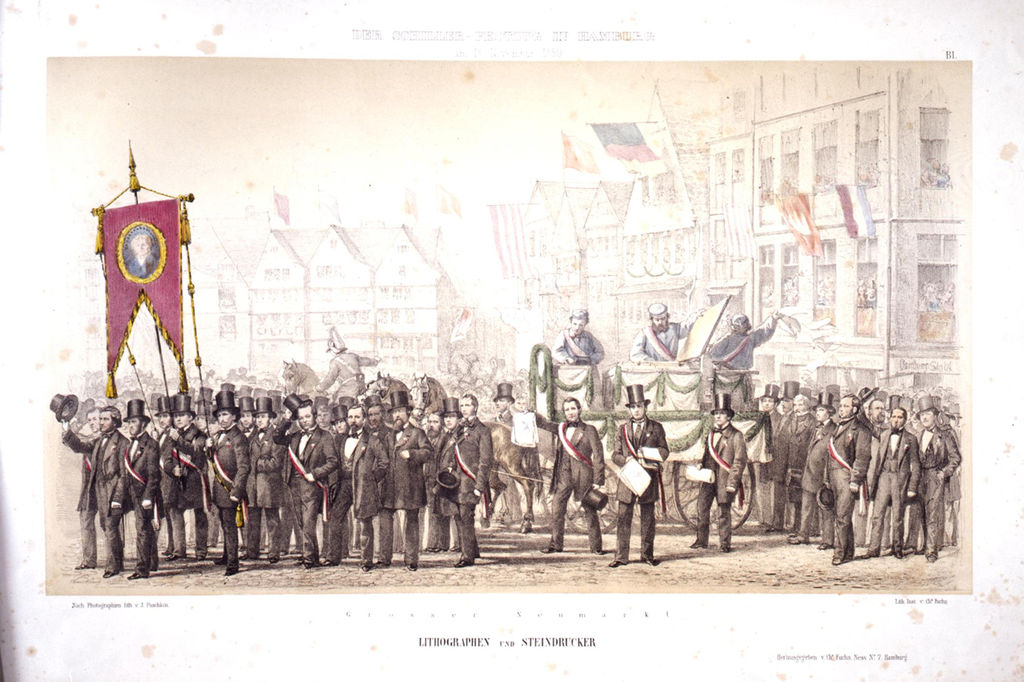 Zeichnung: Der Schiller-Festzug in Hamburg am 13. November 1859